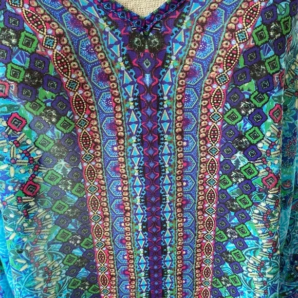 Belle Kim Gravel v neck shear printed boho kimono sleeve pull over poncho Sz Xl - Picture 3 of 9